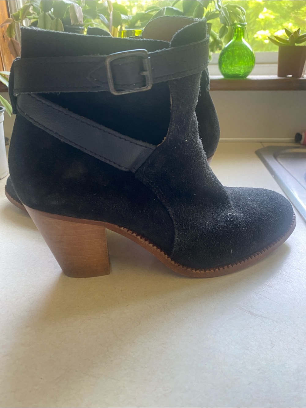 Hudson Jeans Black Suede Ankle Boot with Wood Block Heel